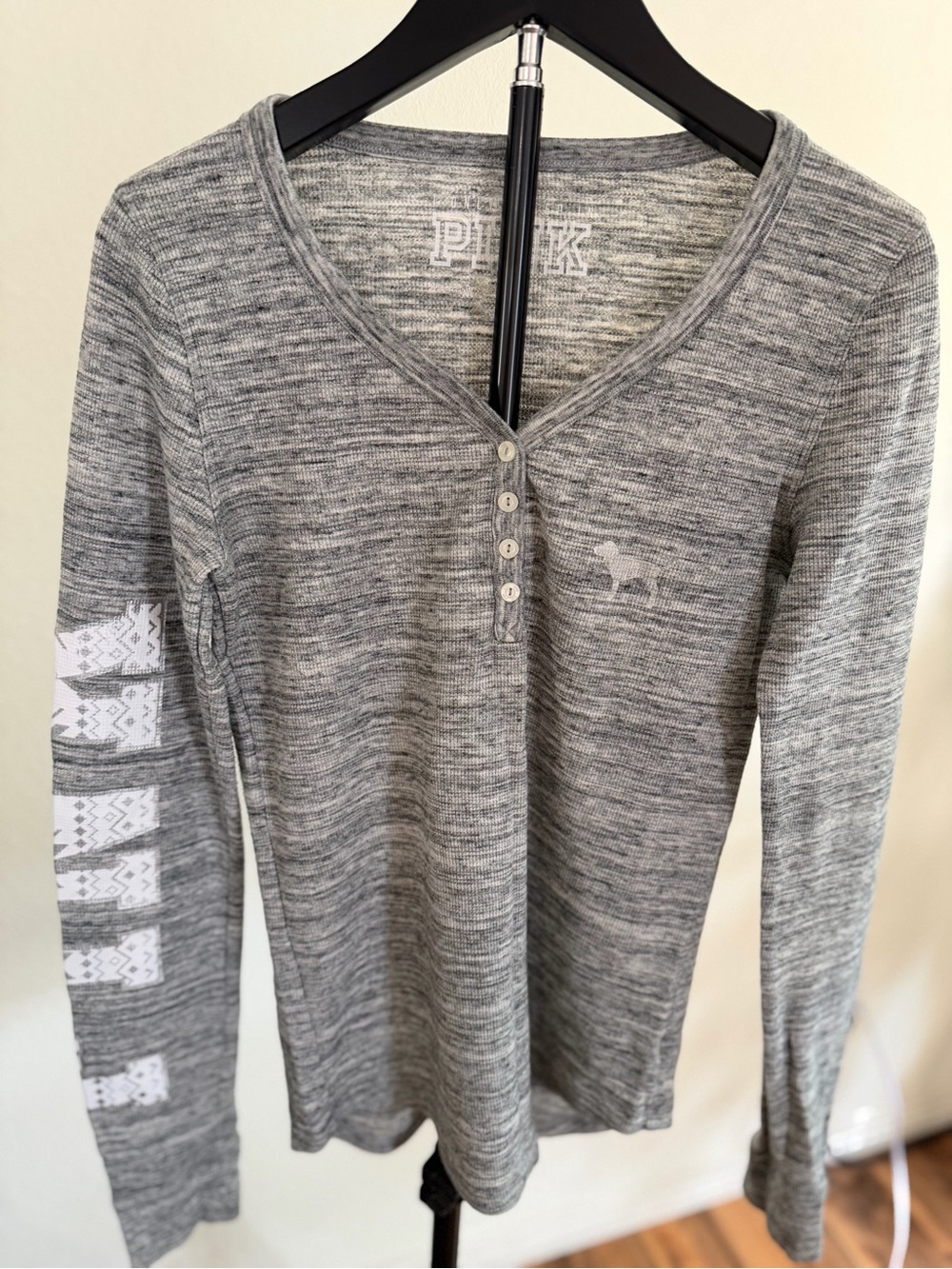 PINK Victoria's Secret Gray Henley Long Sleeve Top with Patterned Sleeve